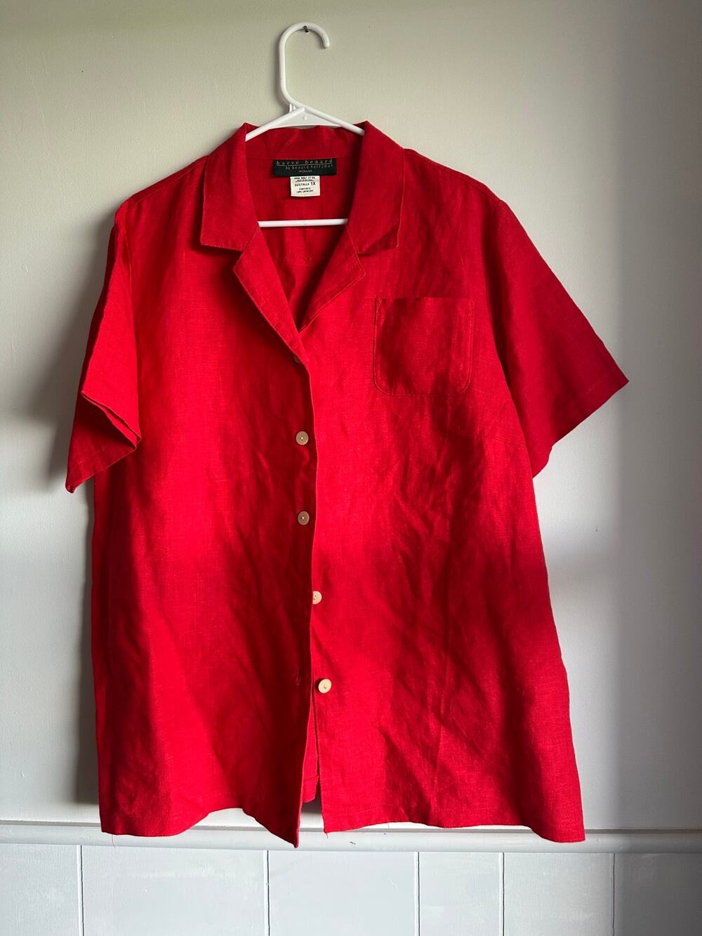 Harve Benard Red 100% Linen Button Down Shirt Plus Size 1X Camp Collar Blouse